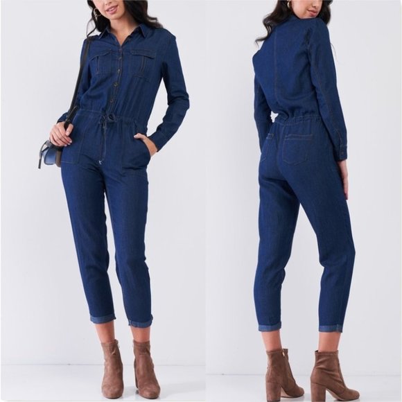 MODA ME COUTURE Pants - Dark Blue Long Sleeve Button Down Front Self-Tie Waist Denim Jumpsuit